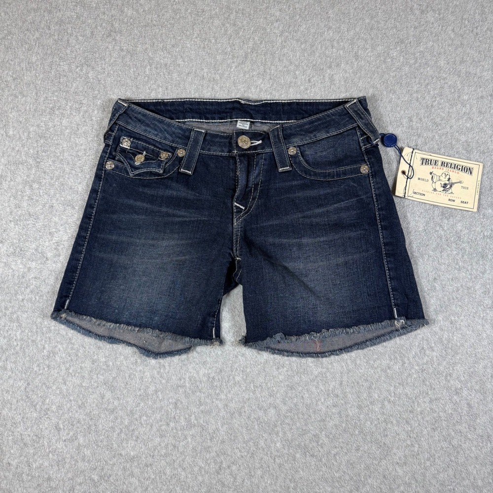 NWT Y2K True‎ Religion Womens Cutoff Denim Shorts Dark Wash Flap Pocket 27